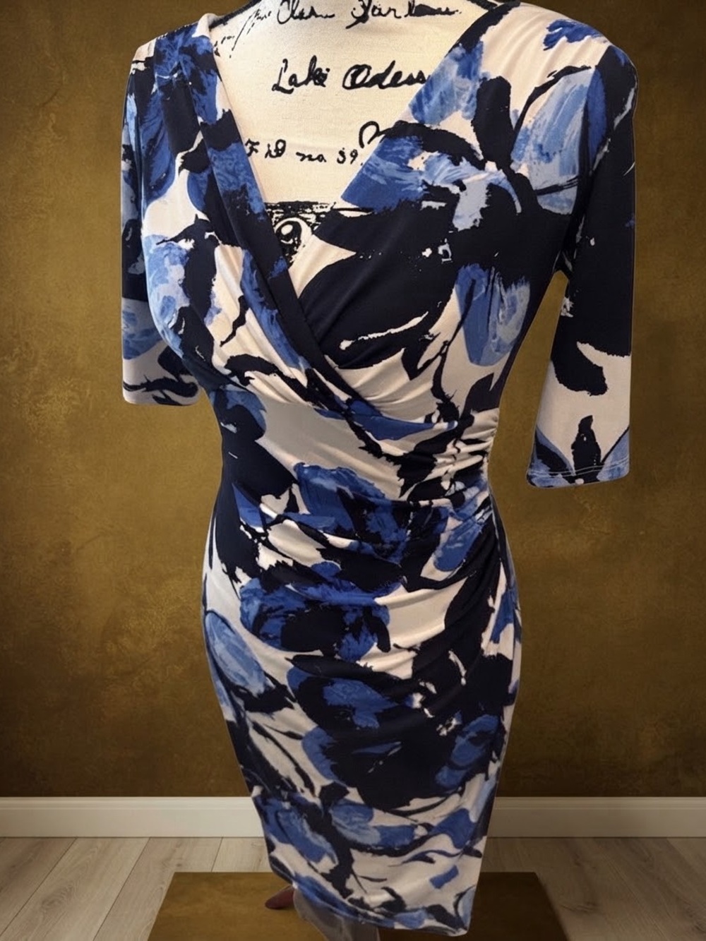 Ralph Lauren Blue and White Floral Wrap-Front Midi Dress
